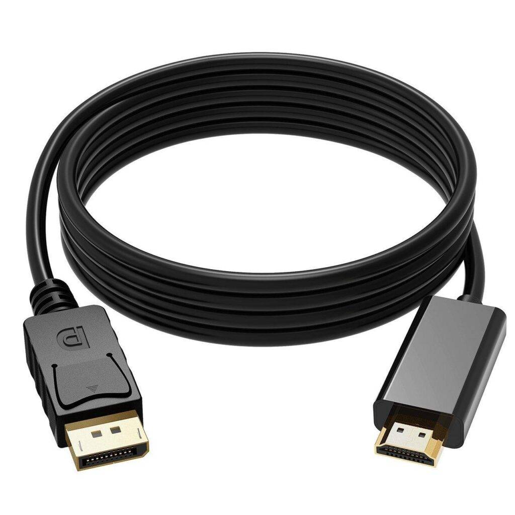 A black HDMI cable featuring a gold-plated connector, designed for connecting DisplayPort to HDMI devices.